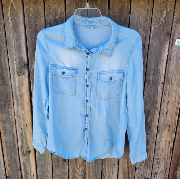 Love Tree Sky Blue Denim Shirt Womens Size M - Picture 2 of 16